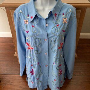 Adrian Delafield Vintage Blue Long Sleeve Blouse Embroidered  X Large 18/20